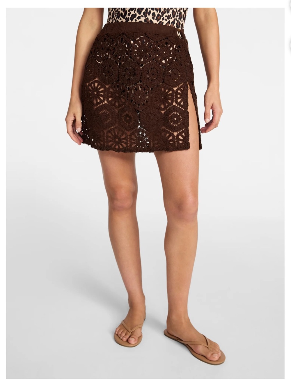 Time and Tru Brown Crochet Swim Cover Up Skirt Side Slit NWT Small - Picture 1 of 9